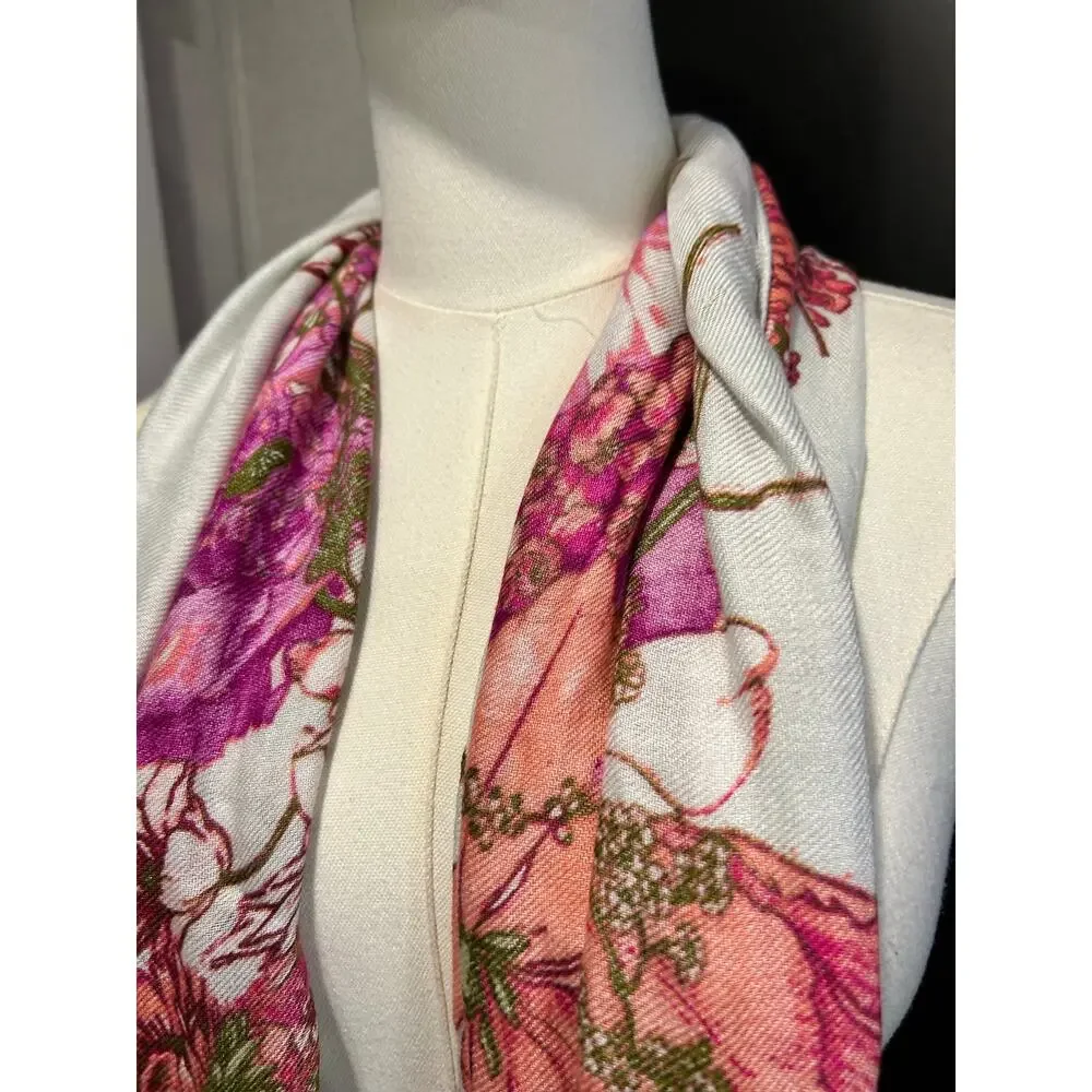 Scarf Max Edition Cream Pink Floral Rayon Coquette Boho Long Scarf Cottage core